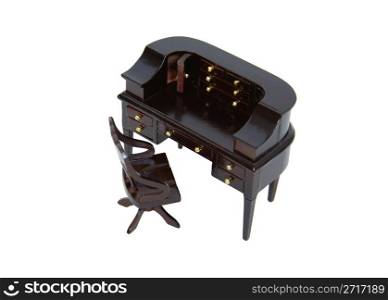 Formal dark wood chair and desk with many drawers and working areas - path included