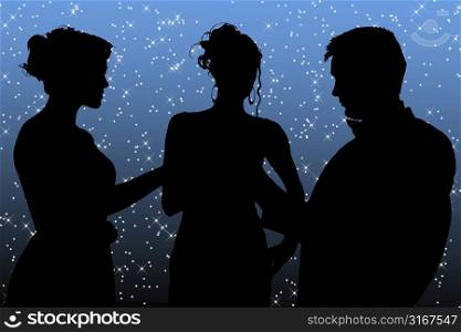 Formal group of three over twinkling star background.