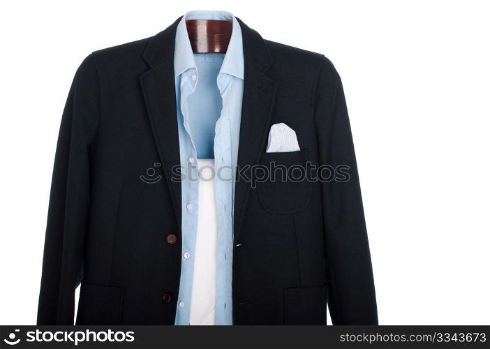 formal man dressing for a celebration, event, job interview or wedding on a wooden hanger (shirt, jacket and trousers) isolated on white background