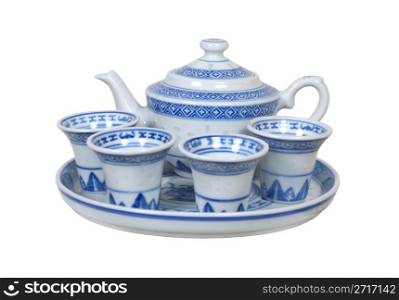 Formal tea cups and teapot with a delicate blue china pattern for drinking tea - path included