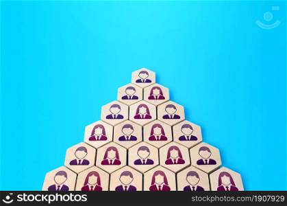 Formation in the form of a pyramid. Classic form of organizational management. Career, corporate culture. Reliable structure of business company. Personnel management. Human resources, headhunting.