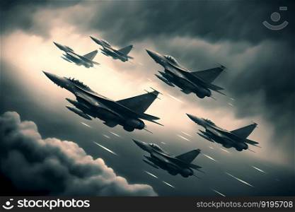 Formation of destroyer jets float in sky during aviation battle. Neural network AI generated art. Formation of destroyer jets float in sky during aviation battle. Neural network generated art