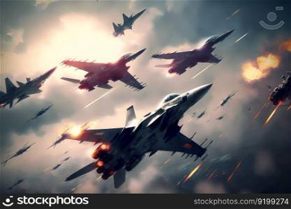 Formation of destroyer jets float in sky during aviation battle. Neural network AI generated art. Formation of destroyer jets float in sky during aviation battle. Neural network generated art