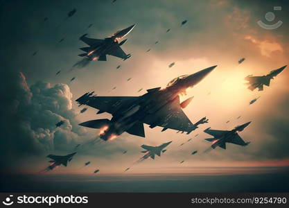 Formation of destroyer jets float in sky during aviation battle. Neural network AI generated art. Formation of destroyer jets float in sky during aviation battle. Neural network generated art