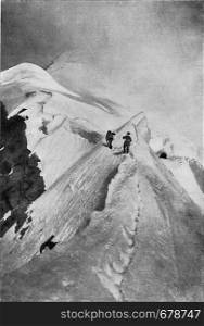 Formation of snow dunes in the Alps, vintage engraved illustration. From the Universe and Humanity, 1910.