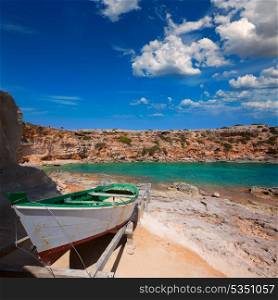 Formentera Cala en Baster in Balearic Islands of Spain with vintage boat