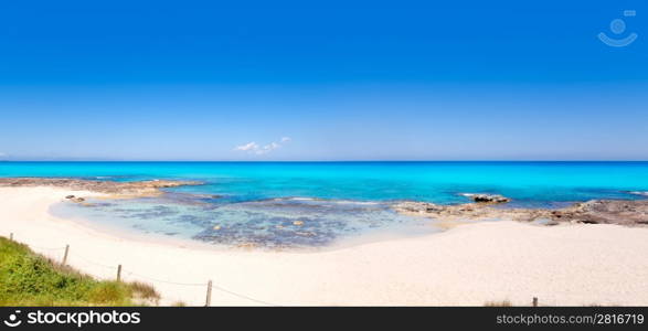 Formentera Es Calo beach with turquoise sea in Mediterranean balearic islands