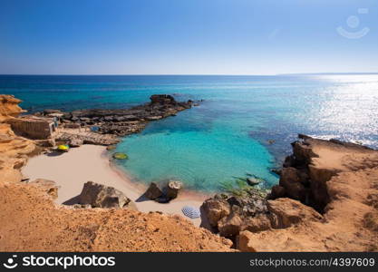 Formentera Es Calo des Mort beach turquoise Mediterranean at Mitjorn of balearic islands