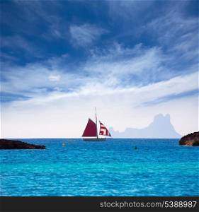 Formentera from Illetes view of es Vedra Ibiza and sailboat at Balearic Islands