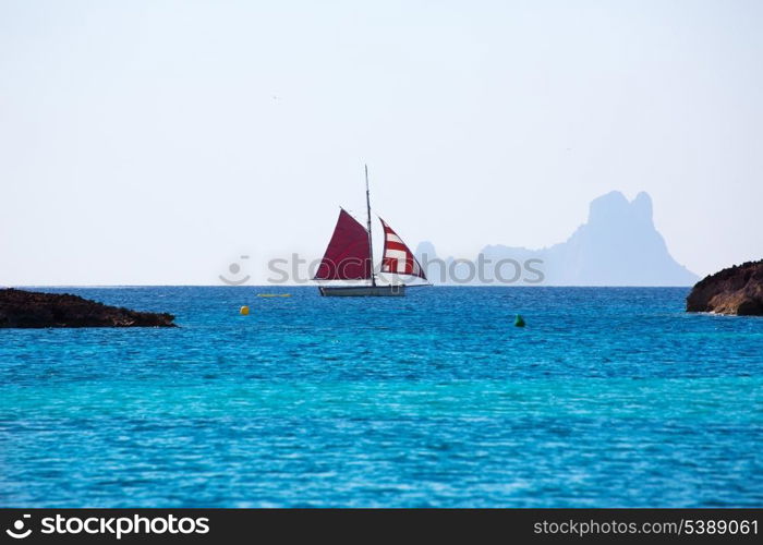 Formentera from Illetes view of es Vedra Ibiza and sailboat at Balearic Islands