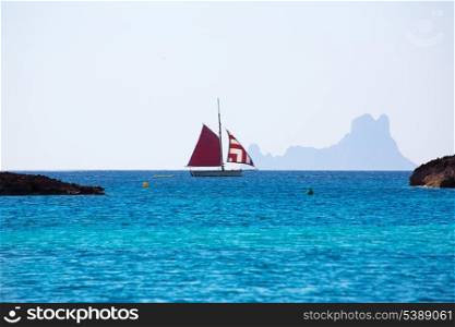 Formentera from Illetes view of es Vedra Ibiza and sailboat at Balearic Islands