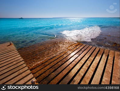 Formentera Mitjorn south beach with turquoise Mediterranean at Balearic Islands