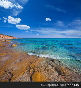 Formentera Mitjorn south beach with turquoise Mediterranean at Balearic Islands