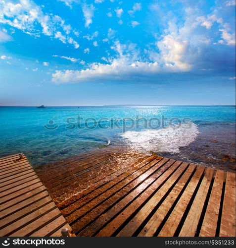 Formentera Mitjorn south beach with turquoise Mediterranean at Balearic Islands