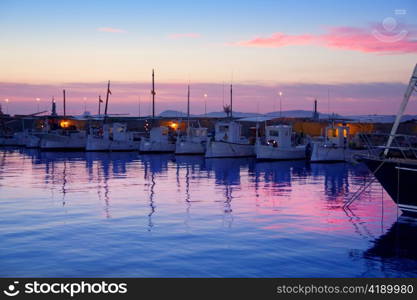 Formentera pink sunset in port marina of Mediterranean Balearic