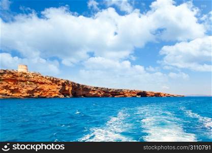Formentera Raco des Forat with round tower view from sea boat