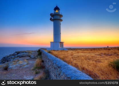 Formentera sunset in Barbaria cape lighthouse at Balearic Mediterranean islands