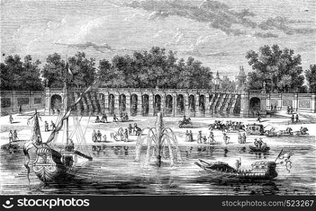 Former waterfalls at Fontainebleau, vintage engraved illustration. Magasin Pittoresque 1846.