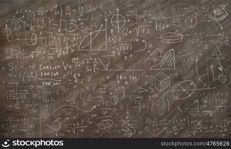 Formulas and figures. Background image of blackboard with science drawings
