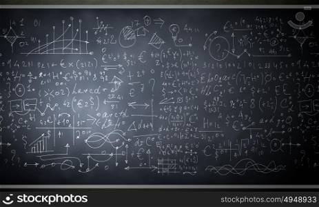 Formulas and figures. Background image of blackboard with science drawings