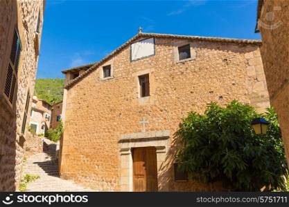 Fornalutx village church in Majorca Balearic island Mallorca spain