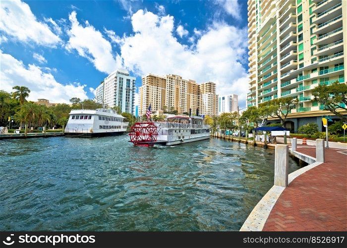 Fort Lauderdale waterfront and tourist cruise boat view, south Florida, United States of America