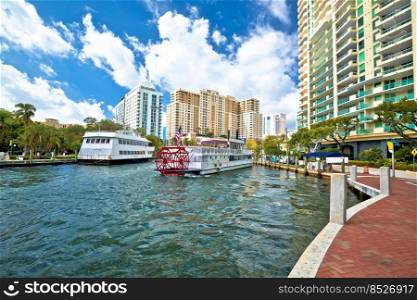 Fort Lauderdale waterfront and tourist cruise boat view, south Florida, United States of America