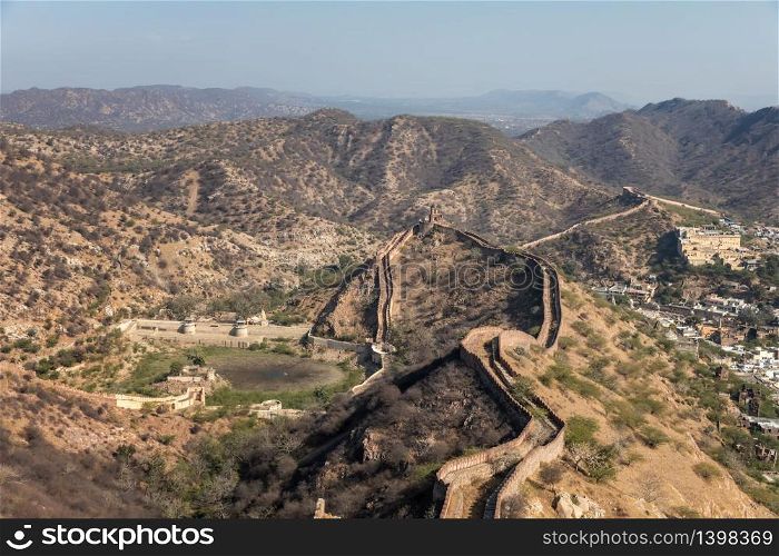 Fort walls in the hills of Jaipur, India.. Fort walls in the hills of Jaipur, India