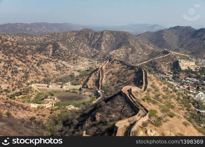 Fort walls in the hills of Jaipur, India.. Fort walls in the hills of Jaipur, India