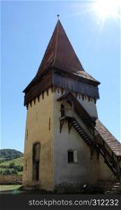 Fortified church tower in Biertan, Romania