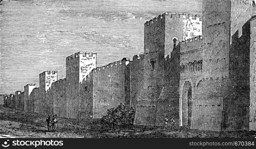 Fortified wall of Roman construction, vintage engraved illustration. Industrial encyclopedia E.-O. Lami - 1875.