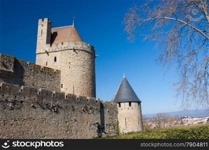 Fortress of Carcassonne. Wall of the fortress of Carcassonne in France