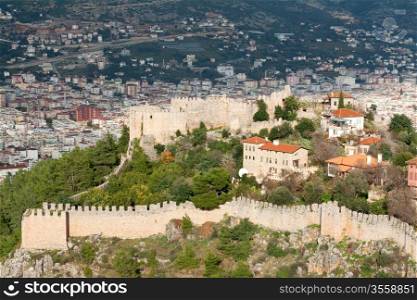 fortress on the hill in the town Alanya in Turkey
