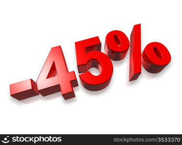 forty five percent 3D number isolated on white - 45%. 45% forty five percent