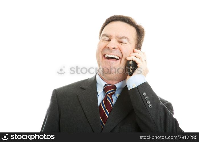 Fortyish businessman laughing as he talks on his cellphone. Isolated on white.