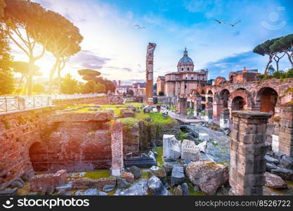 Forum Romanum or Roman Forum dawn colorful view, eternal city of Rome spectacular ancient square view, capital of Italy