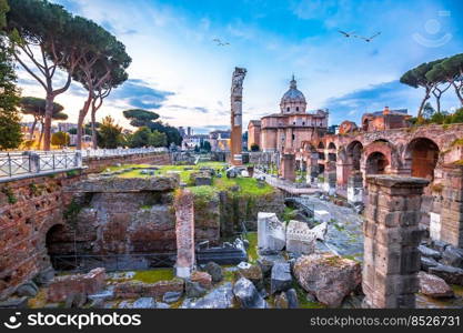 Forum Romanum or Roman Forum dawn colorful view, eternal city of Rome spectacular ancient square view, capital of Italy