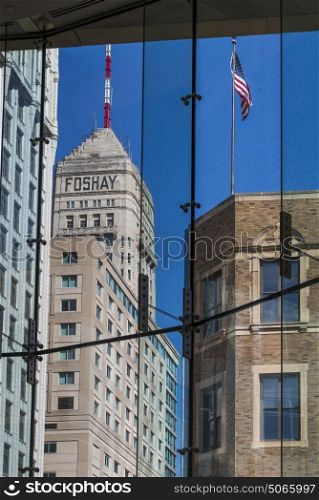 Foshay Tower reflecting on IDS Center at Downtown Minneapolis, Hennepin County, Minnesota, USA