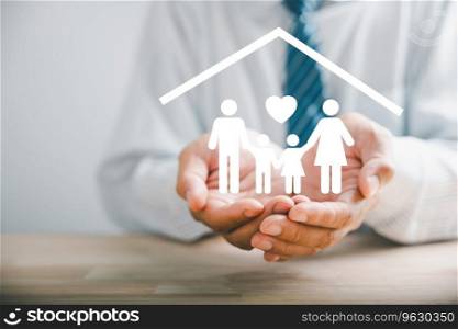 Fostering family well-being, Businessman protective gesture resonates with young family silhouette. Health and house insurance icons underscore safety and care, emphasizing family support.