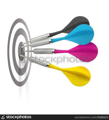 Foud cmyk color darts hitting target center, use vertical or horizontal