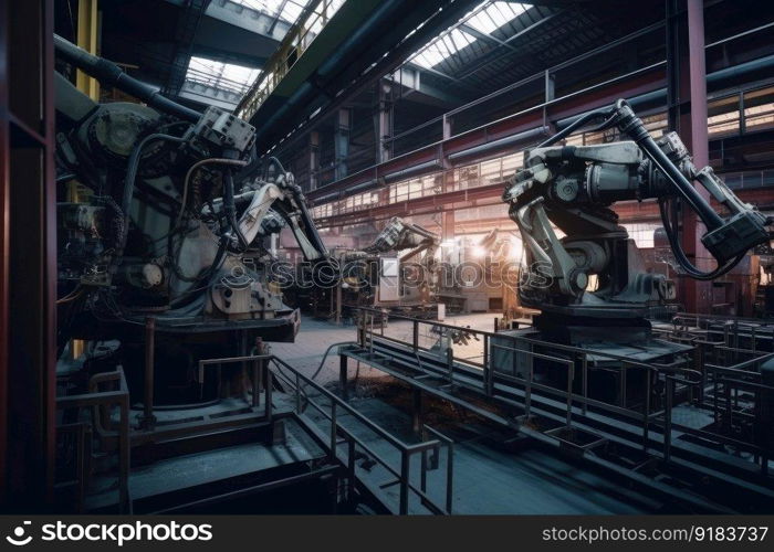 foundry factory with conveyor belts and robotic arms, producing parts for high-tech devices, created with generative ai. foundry factory with conveyor belts and robotic arms, producing parts for high-tech devices