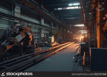 foundry factory with conveyor belts and robotic arms, producing parts for high-tech devices, created with generative ai. foundry factory with conveyor belts and robotic arms, producing parts for high-tech devices