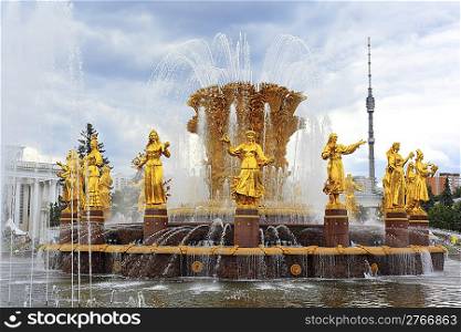 Fountain &acute;Friendship of the people&acute; on the All-Russia Exhibition Center and the Ostankinsky television tower.