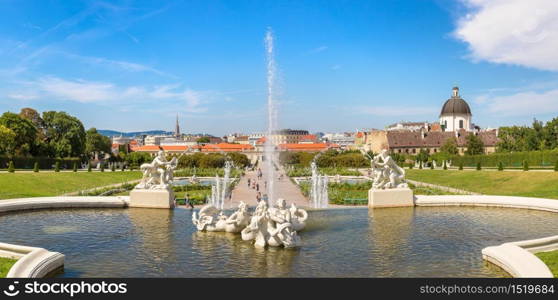 Fountain and Belvedere garden in Vienna, Austria in a beautiful summer day