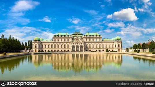 Fountain and Belvedere Palace in Vienna, Austria in a beautiful summer day