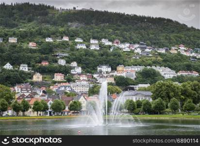 fountain and houses in norway city of Bergen