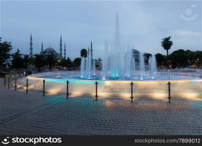 Fountain and the Sultanahmet Blue Mosque, Istanbul, Turkey