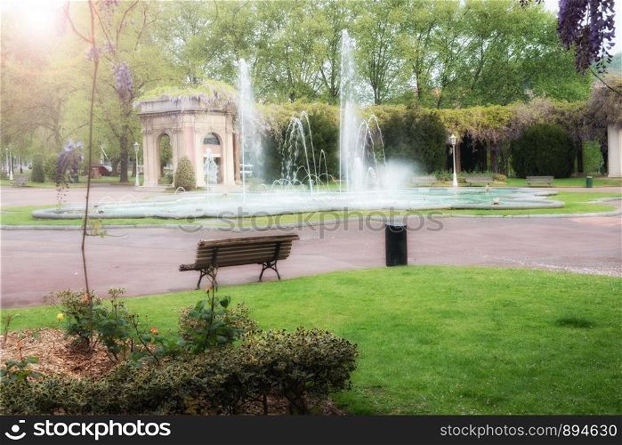 Fountain in a city park. Green summer park at sunny day