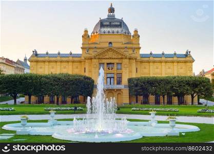 Fountain in park by Croatian National Theatre in Zagreb, Croatia