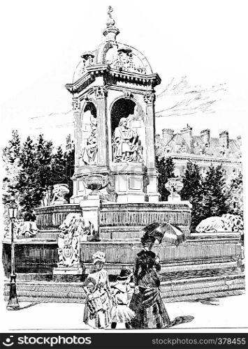 Fountain in the Place Saint-Sulpice, vintage engraved illustration. Paris - Auguste VITU ? 1890.